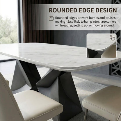 56"-96"White Marble Oval Dining Table, Modern Table with Geometric Metal Base for Kitchen