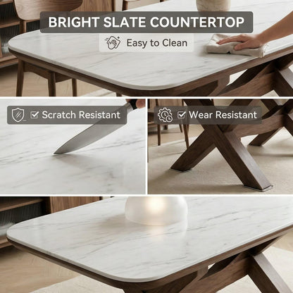 56"-96"Modern White Stone Top Dining Table, Contemporary Table with Sturdy Wooden X-Legs