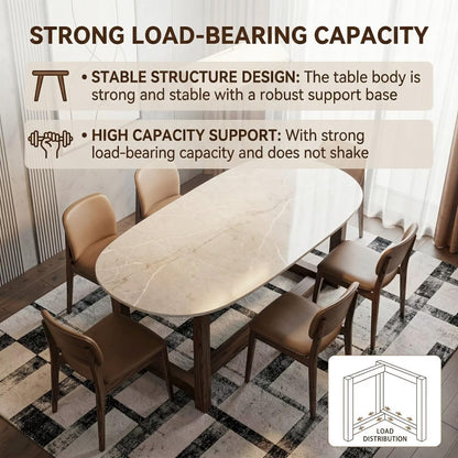56"-96"Oval White Marble Dining Table, Modern Kitchen Table with Solid Wood Pedestal Base