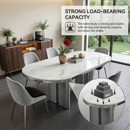 56"-96"Modern Oval White Marble Dining Table, Contemporary Table with Sleek Metal Legs