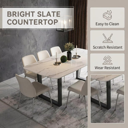 56"-96"Modern White Marble Dining Table, Sleek Rectangular Table with Sturdy Metal Legs