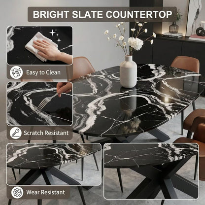 56"-96"Modern Oval Black Marble Dining Table, Contemporary Table with Sturdy Metal Base