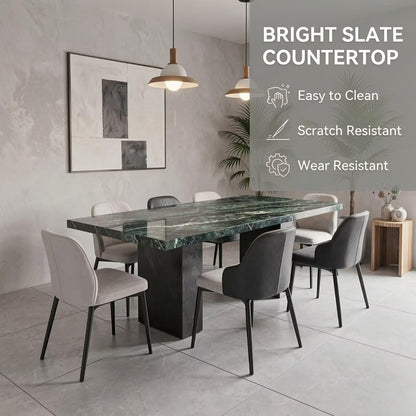 56"-96"Luxury Green Marble Dining Table, Contemporary Rectangular Table with Sturdy Block Base