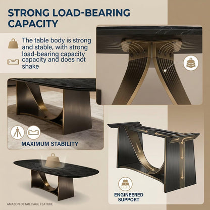 56"-96"Luxury Black Marble Oval Dining Table, Contemporary Table with Gold Metal Legs