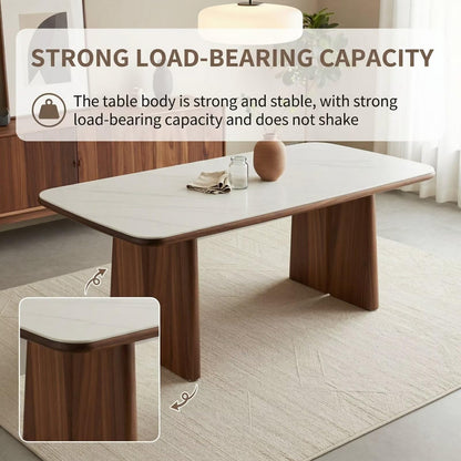 56"-96"Modern White Stone Top Dining Table, Rectangular Table with Walnut Wood Base