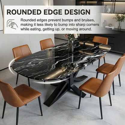 56"-96"Oval Shaped Black Marble Dining Table, Durable Metal Base