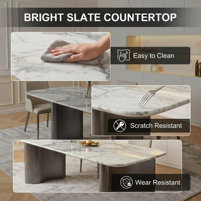 56"-96"Modern Marble Dining Table, Rectangular White Marble Table with Sleek Metal Legs