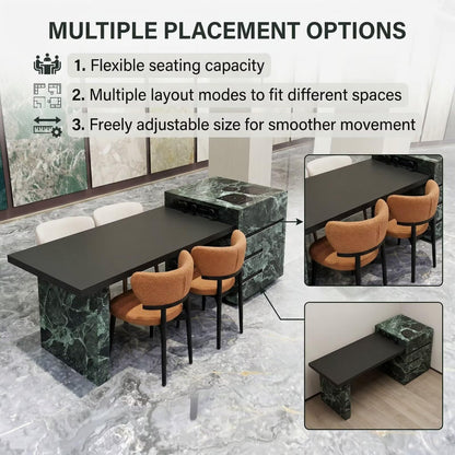 56"-96"Modern Green Marble Kitchen Island & Dining Combo with Storage Cabinet