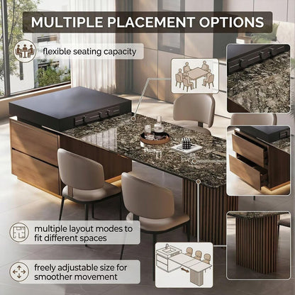 56"-96"Luxury Marble & Wood Kitchen Island with Integrated Dining Table & Storage