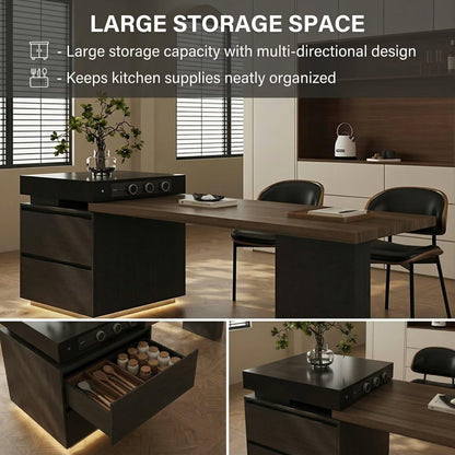 56"-96"Modern Wood Kitchen Island with Integrated Dining Table & LED Lighting