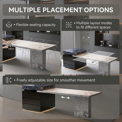 56"-96"Elegant 2-in-1 Marble Kitchen Island with Dining Table & Hidden Storage