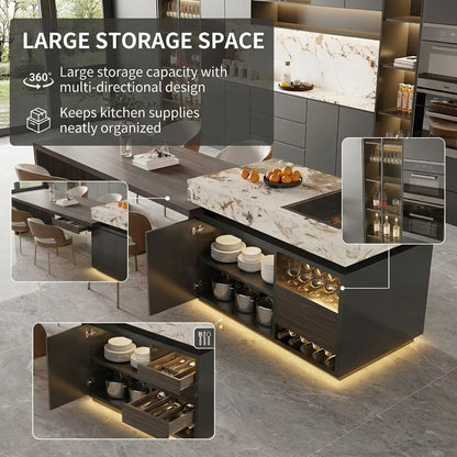 56"-96"Contemporary Kitchen Island with Sink, Wine Rack & Integrated Dining Table