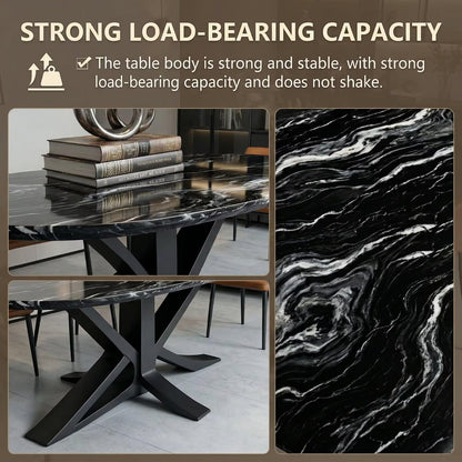 56"-96"Oval Shaped Black Marble Dining Table, Durable Metal Base