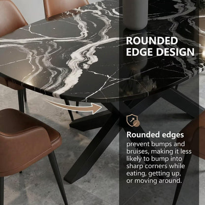 56"-96"Modern Oval Black Marble Dining Table, Contemporary Table with Sturdy Metal Base