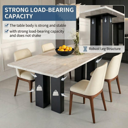 56"-96"Modern Light Marble Dining Table, Contemporary Table with Sleek Black Pedestal Base