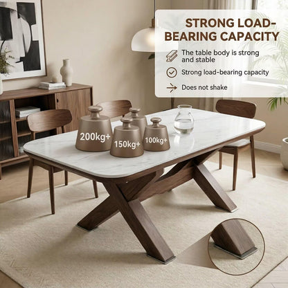 56"-96"Modern White Stone Top Dining Table, Contemporary Table with Sturdy Wooden X-Legs