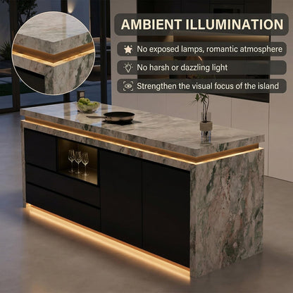 56"-96"Marble Kitchen Island with LED Lighting & Storage Drawers, Modern Kitchen Counter
