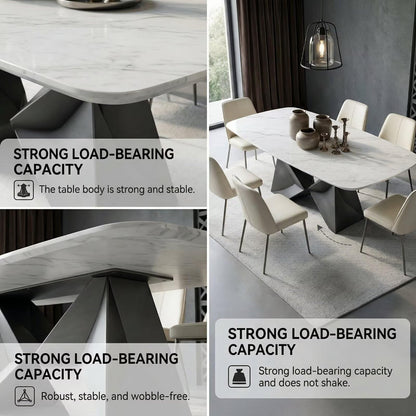 56"-96"White Marble Oval Dining Table, Modern Table with Geometric Metal Base for Kitchen