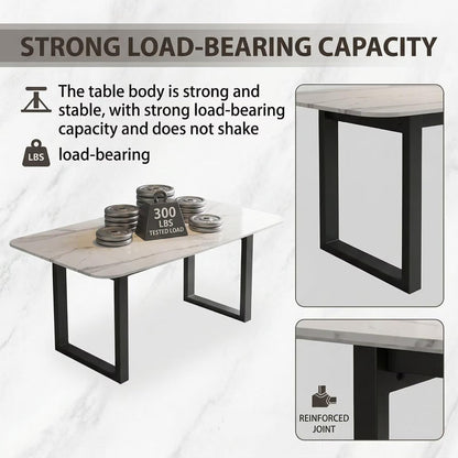 56"-96"Modern White Marble Dining Table, Sleek Rectangular Table with Sturdy Metal Legs