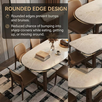 56"-96"Oval White Marble Dining Table, Modern Kitchen Table with Solid Wood Pedestal Base