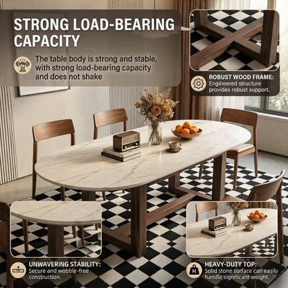 56“-96”Modern Oval Marble Dining Table, Contemporary Table with Sturdy Wood Legs
