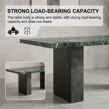 56"-96"Luxury Green Marble Dining Table, Contemporary Rectangular Table with Sturdy Block Base