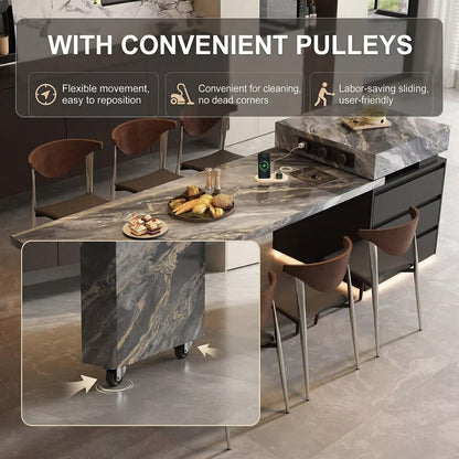 56"-96"Marble Kitchen Island with Dining Table, Wireless Charging & LED Lighting