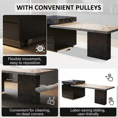 56"-96"Elegant 2-in-1 Marble Kitchen Island with Dining Table & Hidden Storage