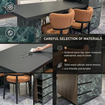 56"-96"Modern Green Marble Kitchen Island & Dining Combo with Storage Cabinet