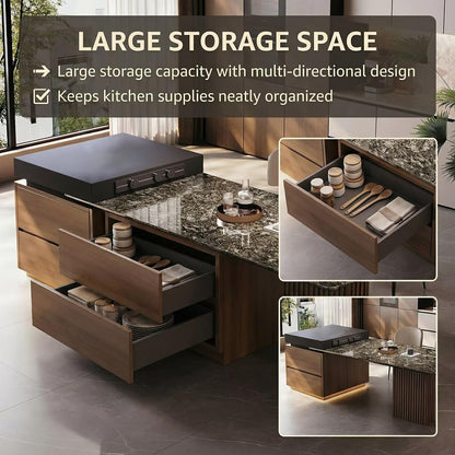 56"-96"Luxury Marble & Wood Kitchen Island with Integrated Dining Table & Storage
