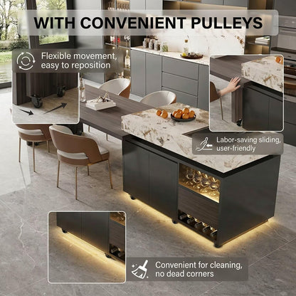 56"-96"Contemporary Kitchen Island with Sink, Wine Rack & Integrated Dining Table