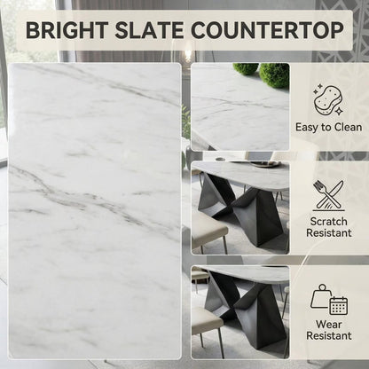 56"-96"White Marble Oval Dining Table, Modern Table with Geometric Metal Base for Kitchen