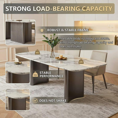 56"-96"Modern Marble Dining Table, Rectangular White Marble Table with Sleek Metal Legs