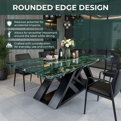 56"-96"Luxury Green Marble Dining Table, Contemporary Rectangular Table with X-Shaped Metal Legs