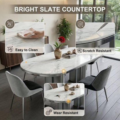 56"-96"Modern Oval White Marble Dining Table, Contemporary Table with Sleek Metal Legs