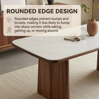 56"-96"Modern White Stone Top Dining Table, Rectangular Table with Walnut Wood Base