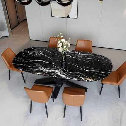 56"-96"Oval Shaped Black Marble Dining Table, Durable Metal Base
