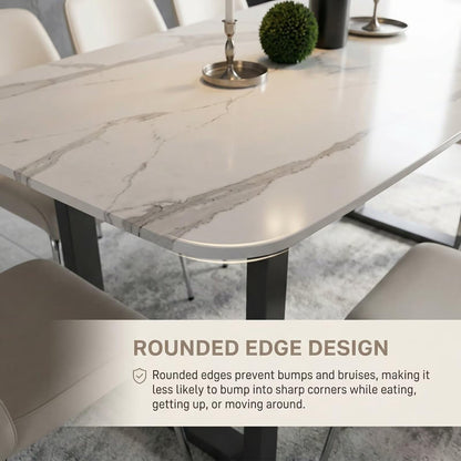 56"-96"Modern White Marble Dining Table, Sleek Rectangular Table with Sturdy Metal Legs