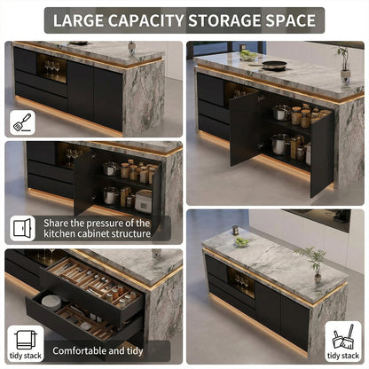 56"-96"Marble Kitchen Island with LED Lighting & Storage Drawers, Modern Kitchen Counter