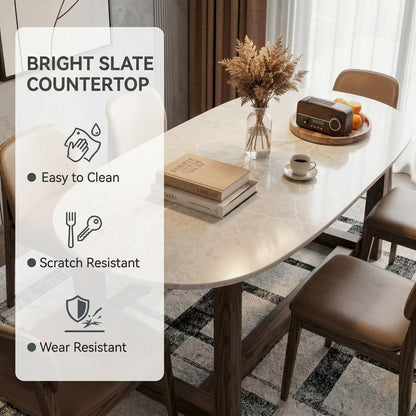 56"-96"Oval White Marble Dining Table, Modern Kitchen Table with Solid Wood Pedestal Base