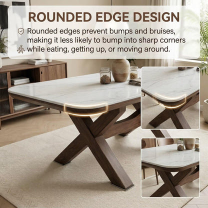 56"-96"Modern White Stone Top Dining Table, Contemporary Table with Sturdy Wooden X-Legs