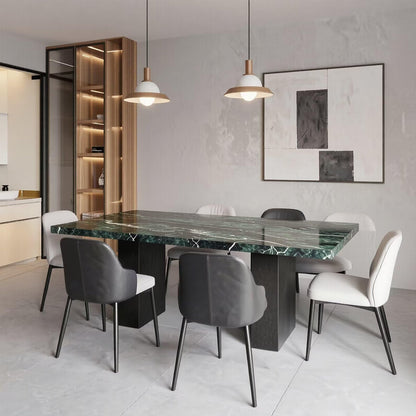 56"-96"Luxury Green Marble Dining Table, Contemporary Rectangular Table with Sturdy Block Base