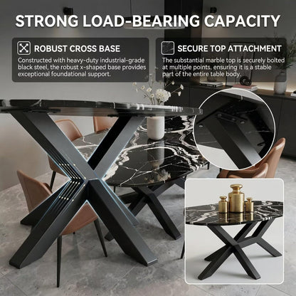 56"-96"Modern Oval Black Marble Dining Table, Contemporary Table with Sturdy Metal Base