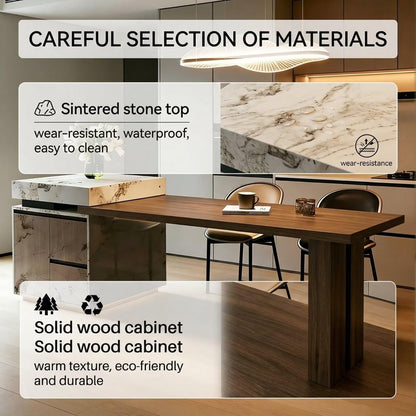56"-96"Luxury Sintered Stone Kitchen Island with Integrated Dining Table for Kitchen