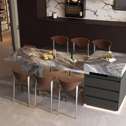 56"-96"Marble Kitchen Island with Dining Table, Wireless Charging & LED Lighting