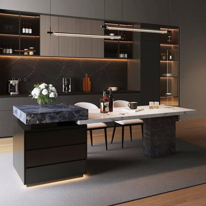 56"-96"Elegant 2-in-1 Marble Kitchen Island with Dining Table & Hidden Storage