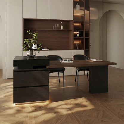 56"-96"Modern Wood Kitchen Island with Integrated Dining Table & LED Lighting