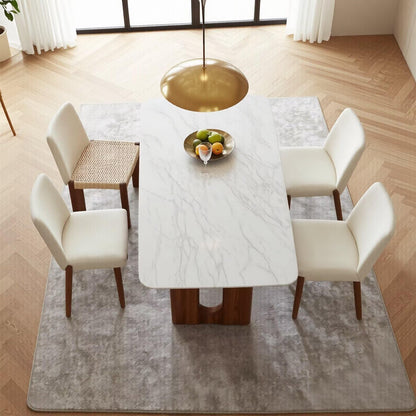 56"-96"Modern White Marble Top Dining Table, Rectangular Kitchen Table with Wood Base
