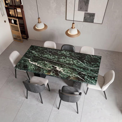 56"-96"Luxury Green Marble Dining Table, Contemporary Rectangular Table with Sturdy Block Base