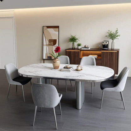 56"-96"Modern Oval White Marble Dining Table, Contemporary Table with Sleek Metal Legs